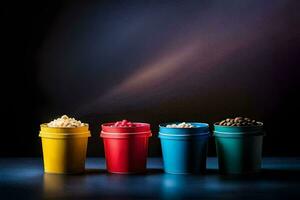 quatre coloré seaux avec pop corn et bonbons dans eux. généré par ai photo