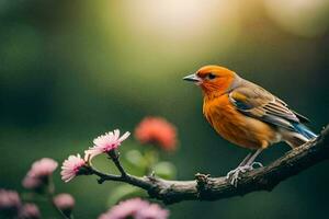 photo fond d'écran le ciel, oiseau, fleurs, des arbres, printemps, nature, des oiseaux, printemps,. généré par ai