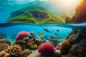 un sous-marin scène avec corail récifs et poisson. généré par ai photo