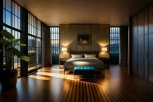 une chambre avec en bois planchers et grand les fenêtres. généré par ai photo