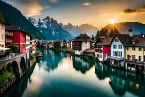 le Soleil ensembles plus de une rivière dans Suisse. généré par ai photo