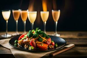 une assiette de nourriture avec du vin des lunettes dans de face de il. généré par ai photo