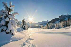 neige couvert des arbres et le Soleil brillant dans le Contexte. généré par ai photo