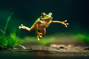 une grenouille sauter dans le air. généré par ai photo