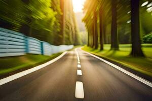 une floue image de une route dans le les bois. généré par ai photo