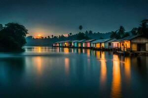 une rangée de Maisons sur le l'eau à nuit. généré par ai photo