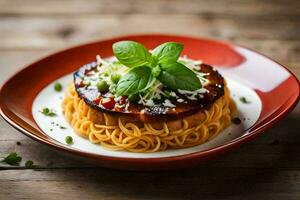 une assiette avec spaghetti et Viande sur Haut. généré par ai photo