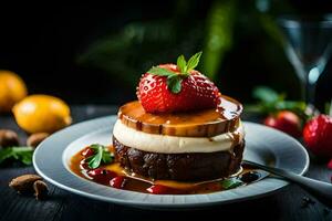 une dessert avec des fraises et crème sur une plaque. généré par ai photo