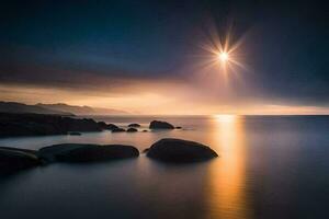 le Soleil brille plus de le océan et rochers. généré par ai photo