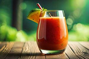 une verre de tomate jus sur une en bois tableau. généré par ai photo