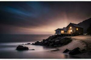 une maison sur le plage à nuit. généré par ai photo