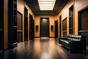 une couloir avec une noir cuir canapé et une porte. généré par ai photo