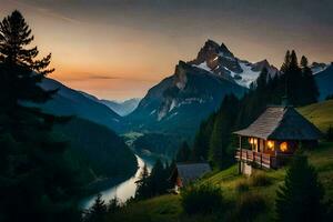 le cabine dans le montagnes. généré par ai photo