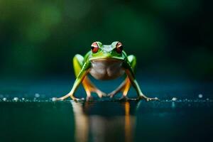 une grenouille est permanent sur une humide surface. généré par ai photo