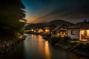 une rivière court par une village à nuit. généré par ai photo