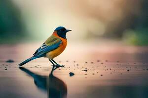 une oiseau permanent sur le l'eau avec ses réflexion. généré par ai photo