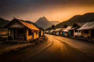 une route de premier plan à une village à le coucher du soleil. généré par ai photo
