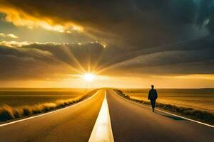 une homme en marchant vers le bas un vide route à le coucher du soleil. généré par ai photo