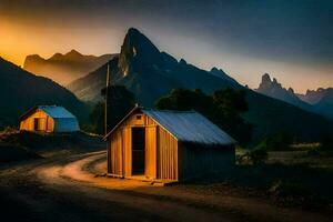 le Soleil ensembles plus de le montagnes dans le Contexte. généré par ai photo