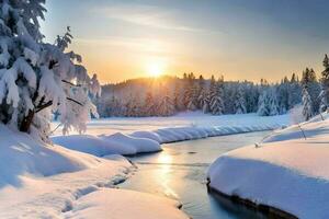 une rivière dans le neige. généré par ai photo