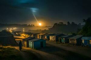 une plein lune brille plus de une village à nuit. généré par ai photo