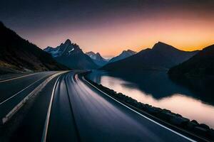 une longue exposition photographier de une route et montagnes à le coucher du soleil. généré par ai photo