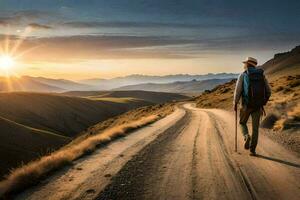 une homme avec une sac à dos en marchant sur une route dans le montagnes. généré par ai photo