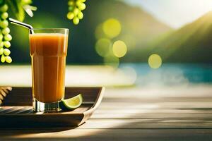 une verre de Orange jus sur une en bois tableau. généré par ai photo