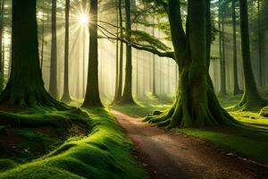 une chemin par une vert forêt avec des arbres et Soleil. généré par ai photo