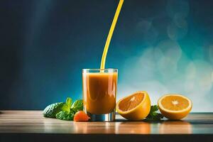 Orange jus étant versé dans une verre. généré par ai photo