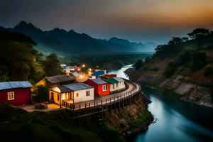 une rivière et Maisons dans le montagnes à crépuscule. généré par ai photo