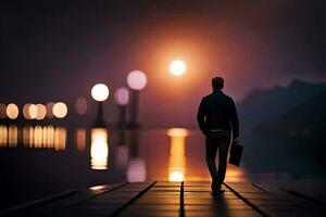 une homme en marchant sur une Dock à nuit avec une valise. généré par ai photo