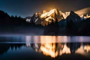 une Montagne intervalle est réfléchi dans une Lac à nuit. généré par ai photo