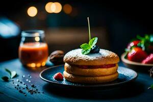 une empiler de Crêpes avec des fraises et une verre de jus. généré par ai photo