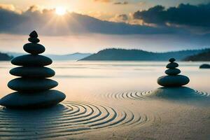 Zen rochers sur le plage à le coucher du soleil. généré par ai photo