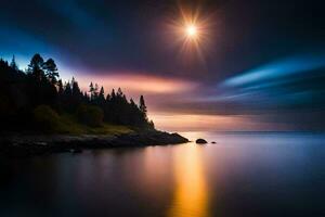 une magnifique le coucher du soleil plus de le l'eau avec des arbres et une lune. généré par ai photo