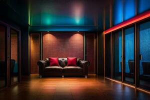 une pièce avec une canapé et coloré lumières. généré par ai photo