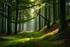 une chemin par une forêt avec des arbres et herbe. généré par ai photo