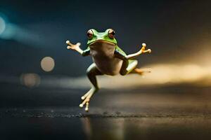 une grenouille sauter dans le air. généré par ai photo