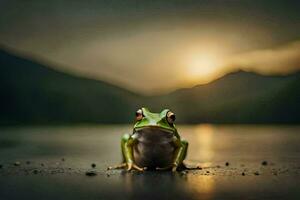 une grenouille séance sur le sol dans de face de une lac. généré par ai photo