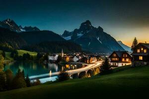 une magnifique le coucher du soleil plus de une Lac et montagnes. généré par ai photo