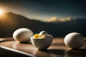 des œufs dans une bol sur une table avec montagnes dans le Contexte. généré par ai photo