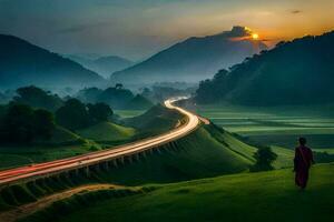 le route à le le coucher du soleil. généré par ai photo