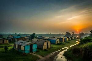 le Soleil ensembles plus de une village de huttes. généré par ai photo