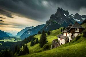 une maison dans le montagnes avec une nuageux ciel. généré par ai photo