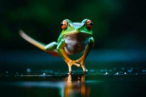 une grenouille est permanent sur ses de derrière jambes dans le pluie. généré par ai photo