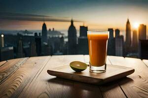 une verre de Orange jus sur une table avec une ville horizon dans le Contexte. généré par ai photo