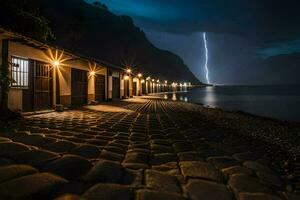 foudre grèves le ciel plus de une plage à nuit. généré par ai photo