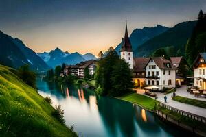 une rivière court par une village à le coucher du soleil. généré par ai photo