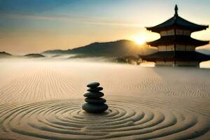 une pagode dans le le sable avec des pierres empilés sur Haut. généré par ai photo
